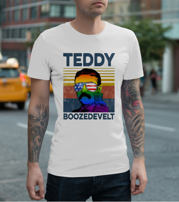 Teddy Boozedvelt Rainbow American Flag Sunglasses Beer Drink T-Shirt
