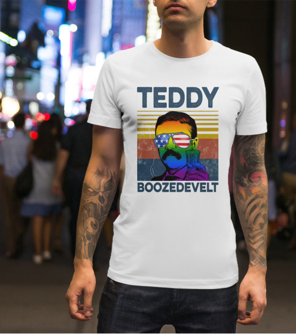 Teddy Boozedvelt Rainbow American Flag Sunglasses Beer Drink T-Shirt