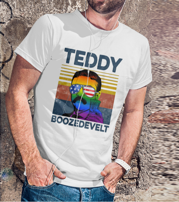 Teddy Boozedvelt Rainbow American Flag Sunglasses Beer Drink T-Shirt
