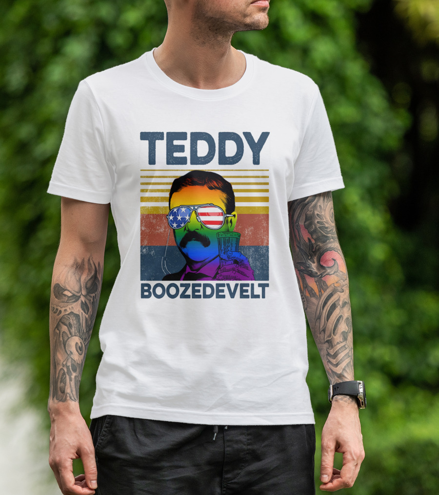 Teddy Boozedvelt Rainbow American Flag Sunglasses Beer Drink T-Shirt