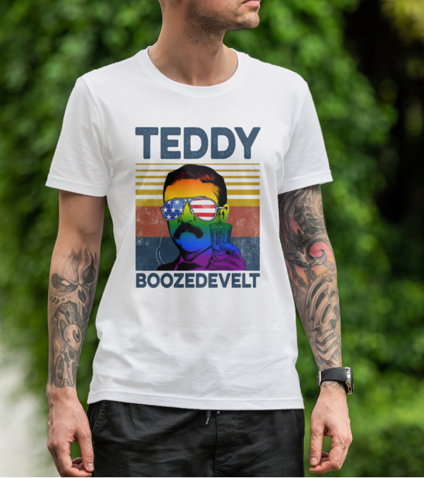 Teddy Boozedvelt Rainbow American Flag Sunglasses Beer Drink T-Shirt