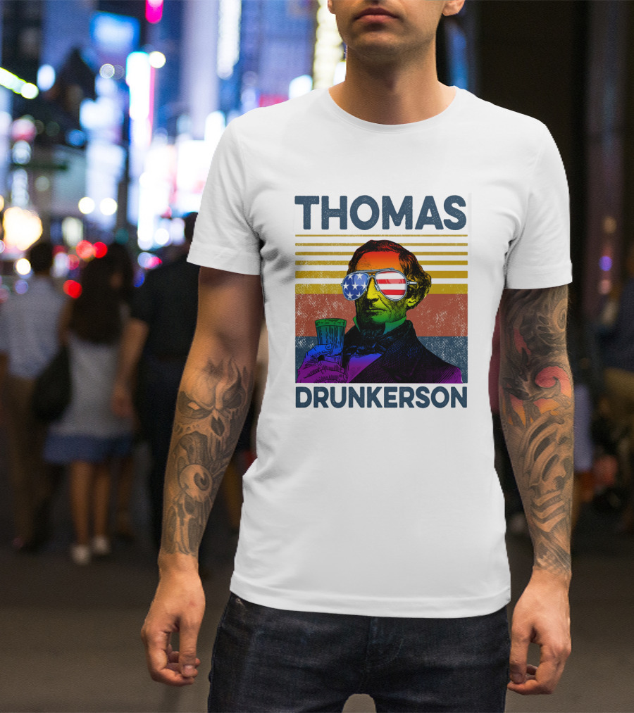 THOMAS DRUNKERSON USA Flag Sunglasses Drinking Beer T-Shirt