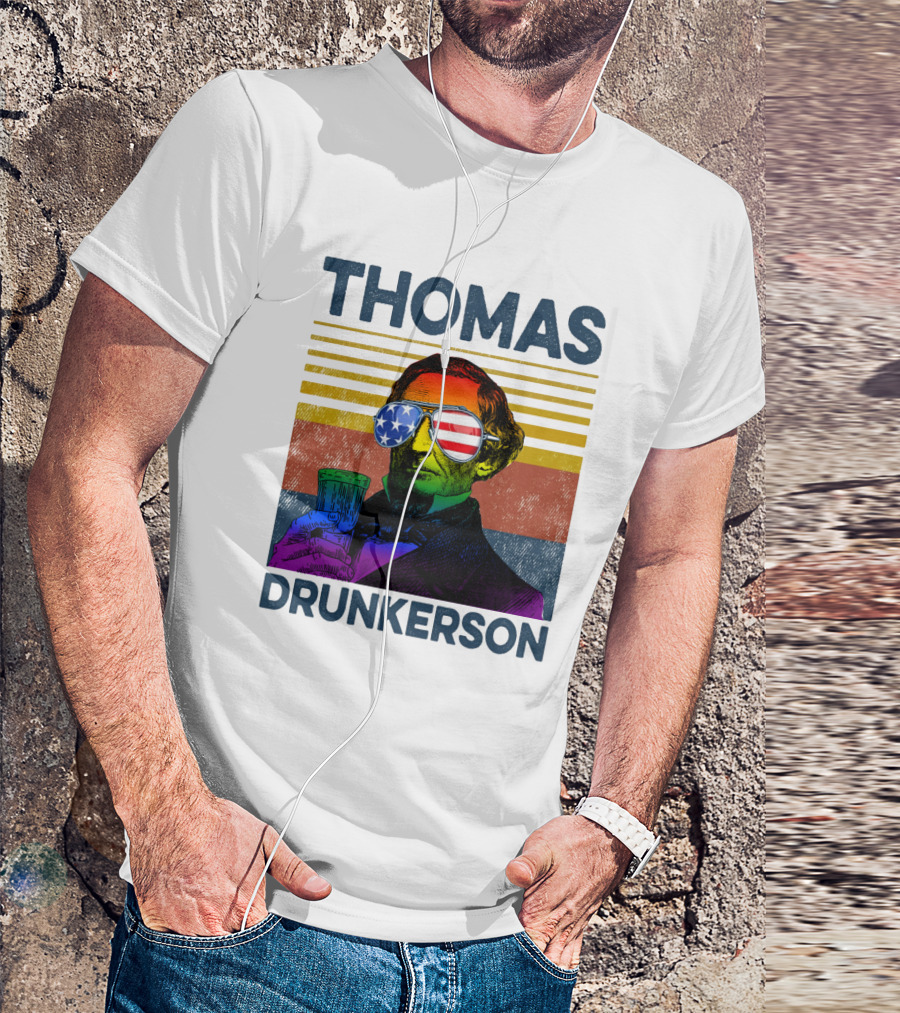 THOMAS DRUNKERSON USA Flag Sunglasses Drinking Beer T-Shirt