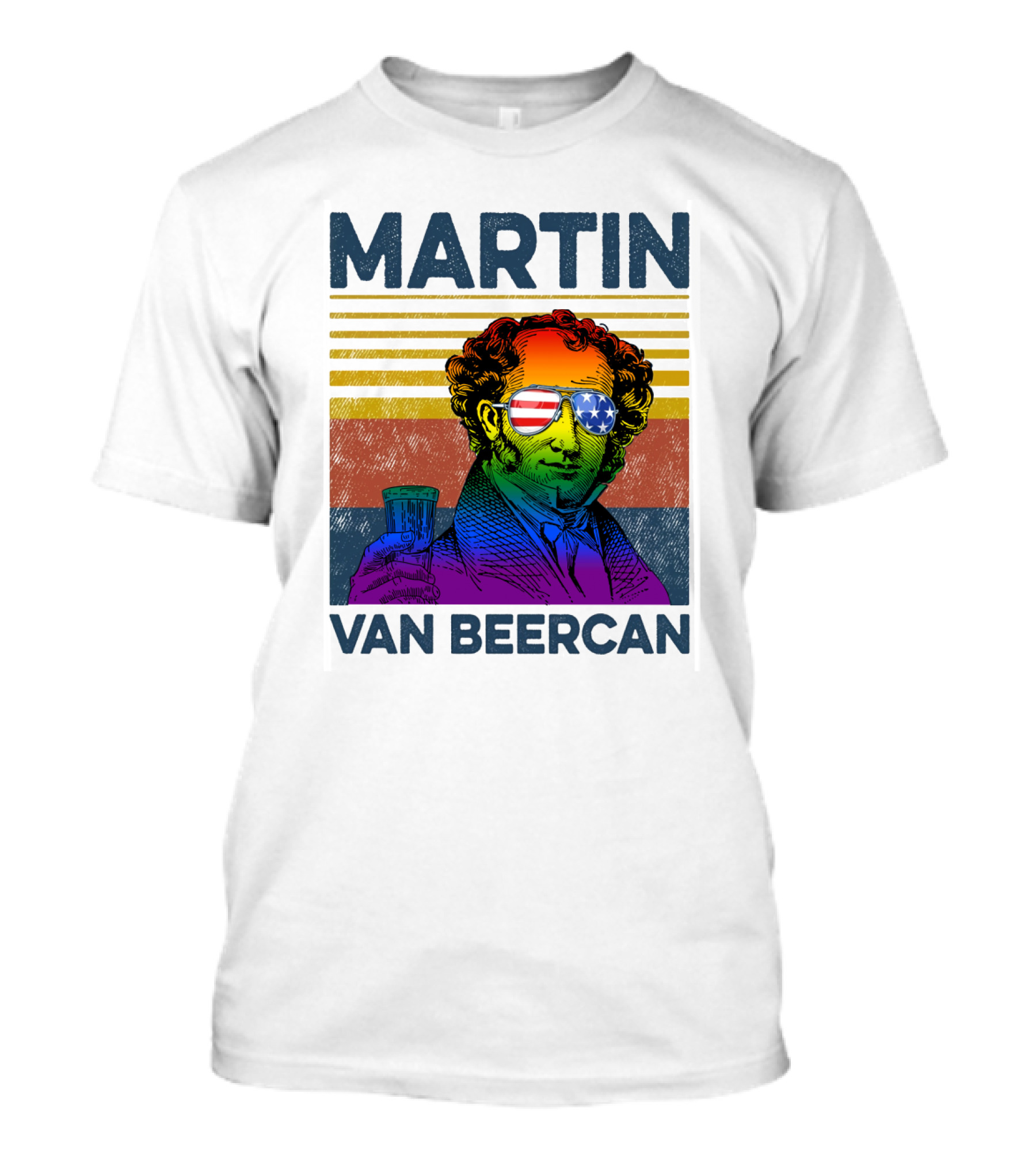 Martin Van Beercan American Flag Sunglasses Retro Drink Stripe T-Shirt