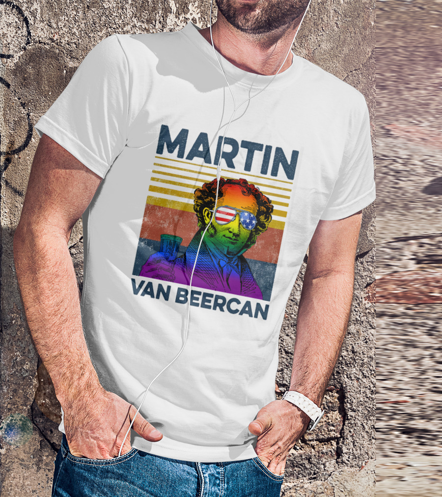 Martin Van Beercan American Flag Sunglasses Retro Drink Stripe T-Shirt