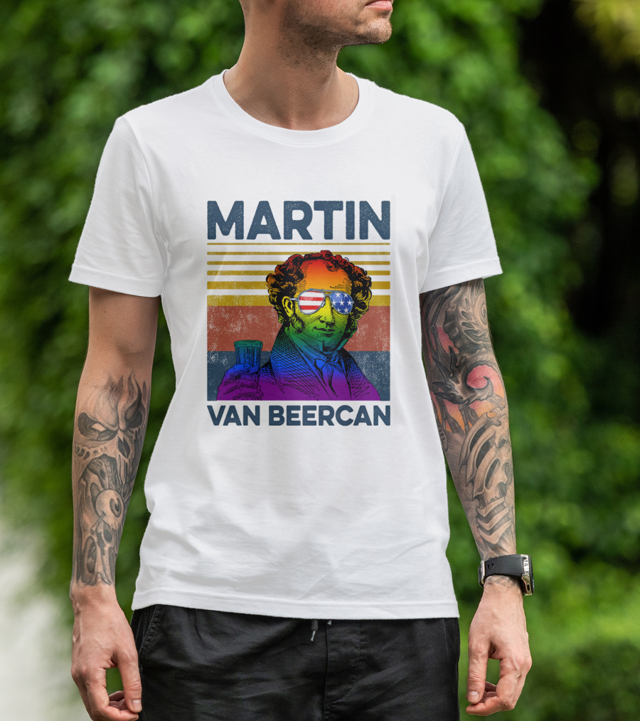 Martin Van Beercan American Flag Sunglasses Retro Drink Stripe T-Shirt