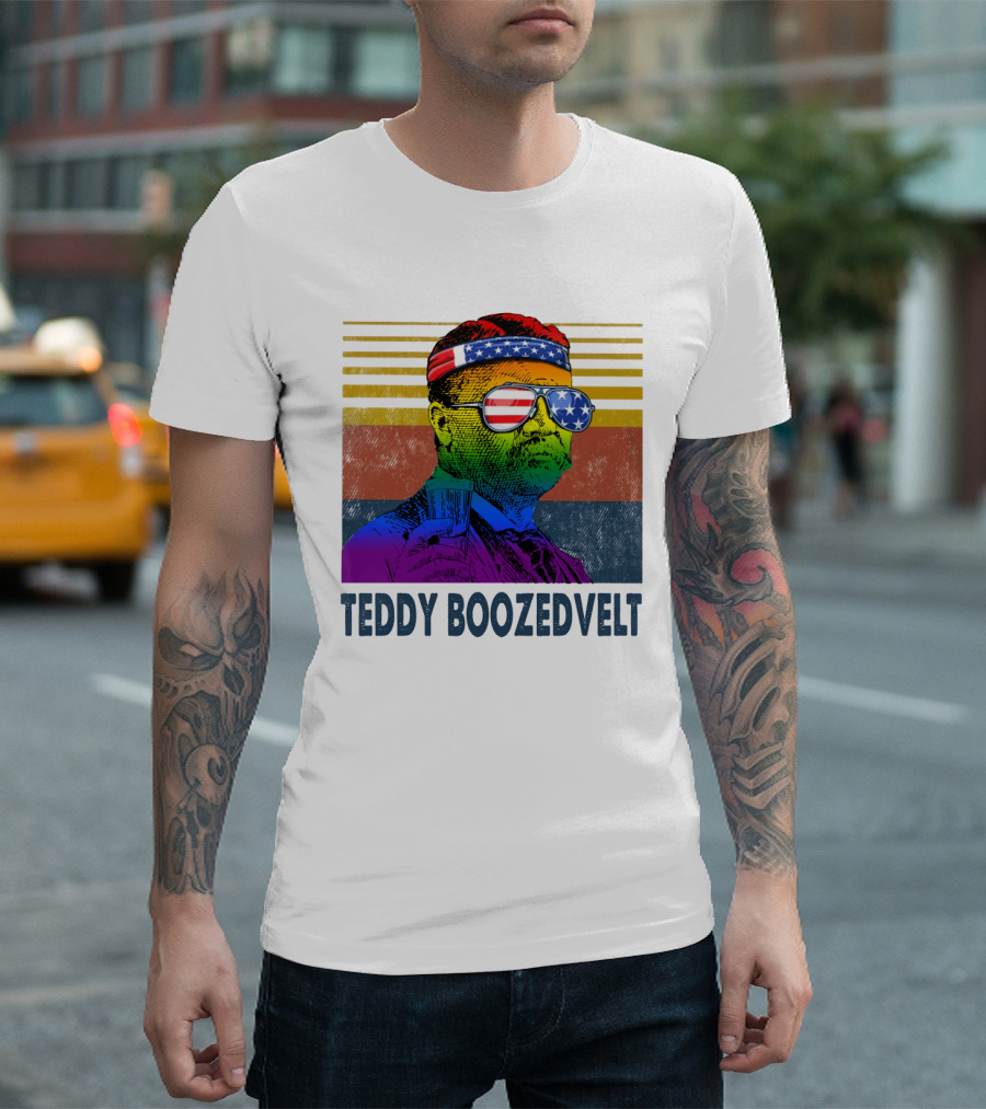 Teddy Boozedvelt Rainbow Stripes American Flag Shades T-Shirt