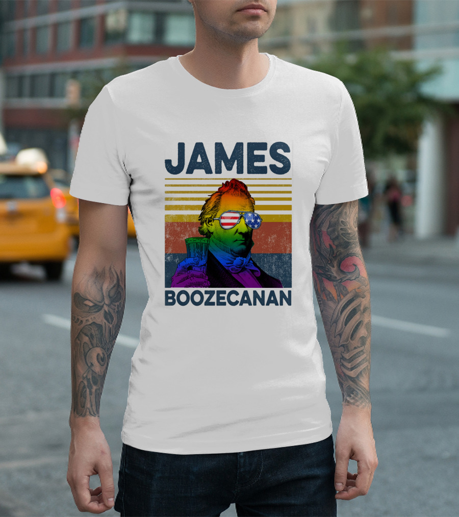 James Boozecanan American Flag Sunglasses with Beer Drink Rainbow T-Shirt