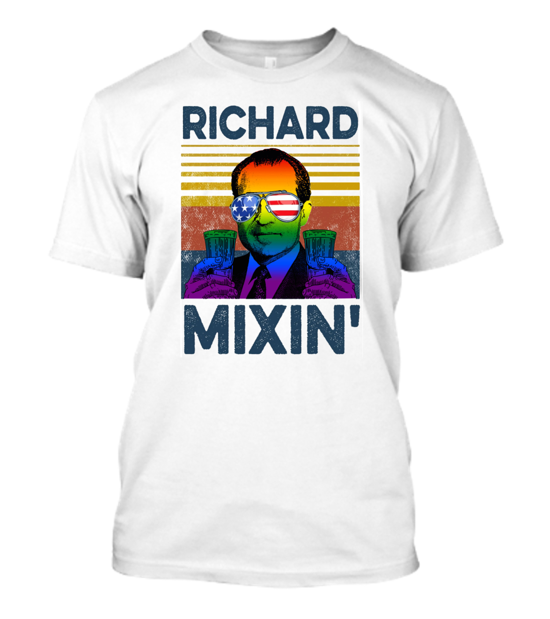 Richard Mixin' Beer Drink Patriotic Sunglasses Rainbow Stripes T-Shirt