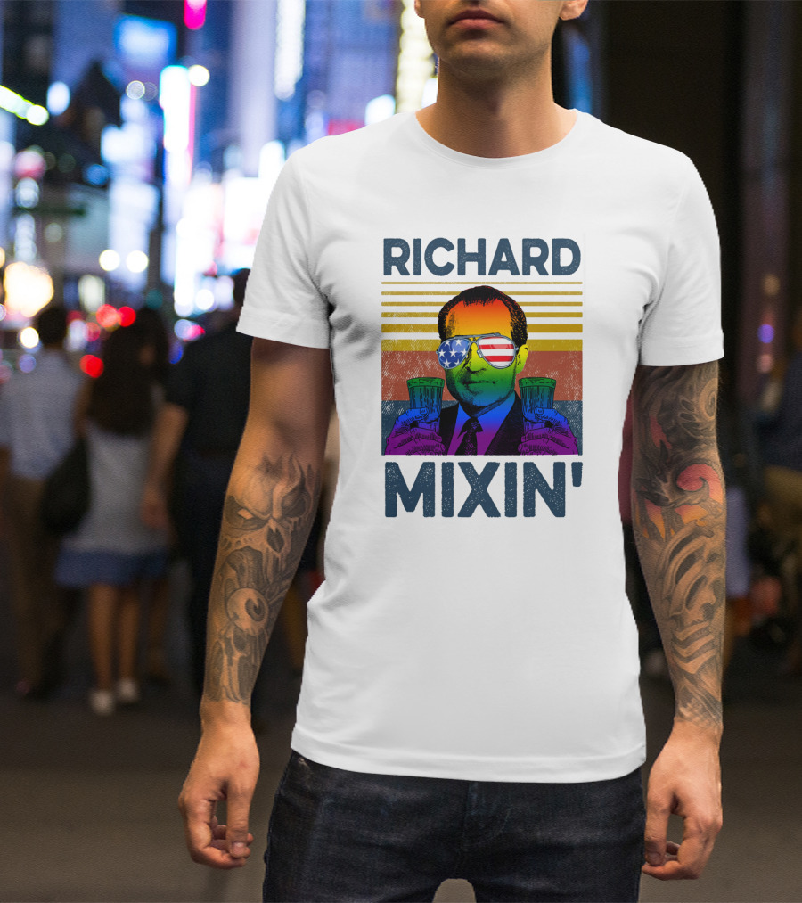 Richard Mixin' Beer Drink Patriotic Sunglasses Rainbow Stripes T-Shirt