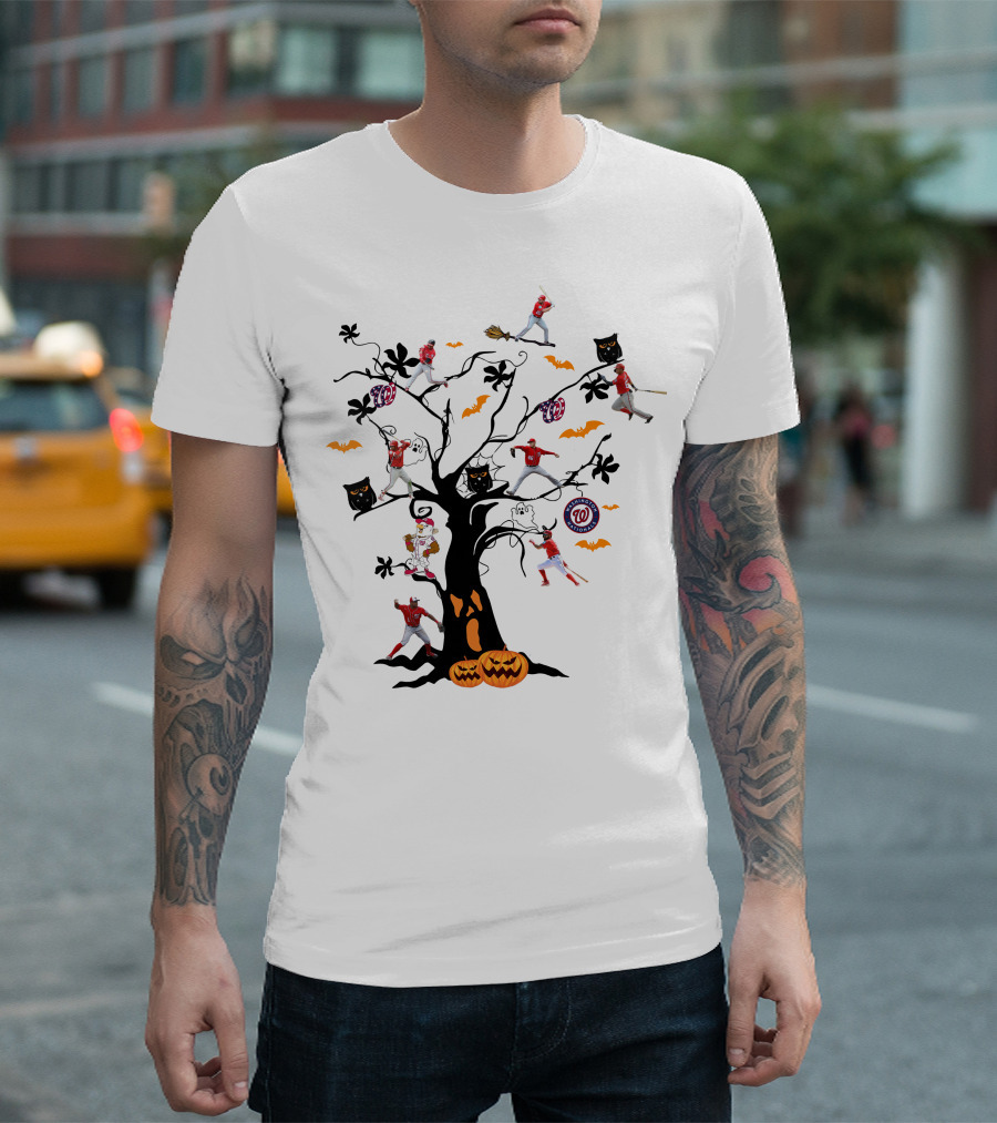 Washington Nationals Halloween Baseball Spooky Tree With Pumpkins And Bats T-Shirt