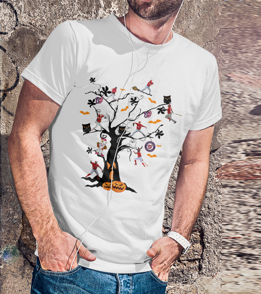 Washington Nationals Halloween Baseball Spooky Tree With Pumpkins And Bats T-Shirt