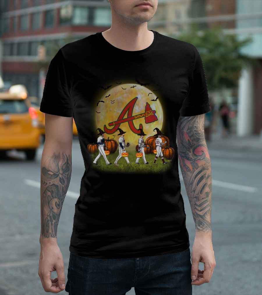 Atlanta Braves Halloween Baseball Pumpkin Moon Bats T-Shirt