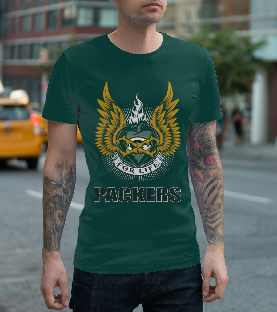 Packers For Life Green Bay Packers Emblem With Wings And Flame T-Shirt