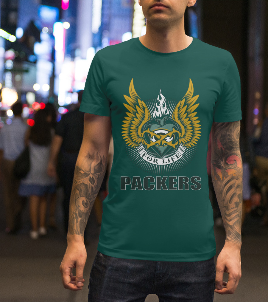 Packers For Life Green Bay Packers Emblem With Wings And Flame T-Shirt