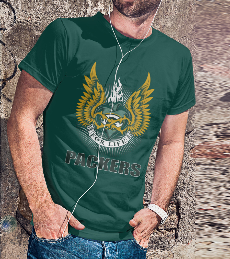 Packers For Life Green Bay Packers Emblem With Wings And Flame T-Shirt