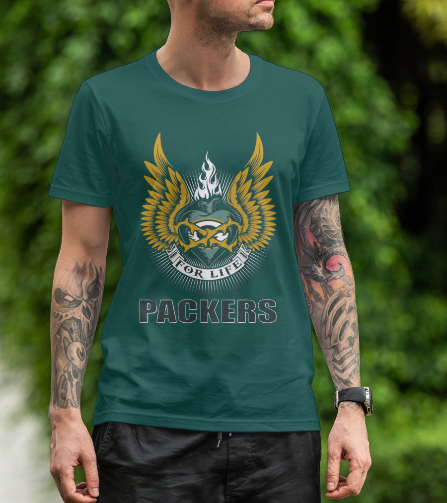 Packers For Life Green Bay Packers Emblem With Wings And Flame T-Shirt