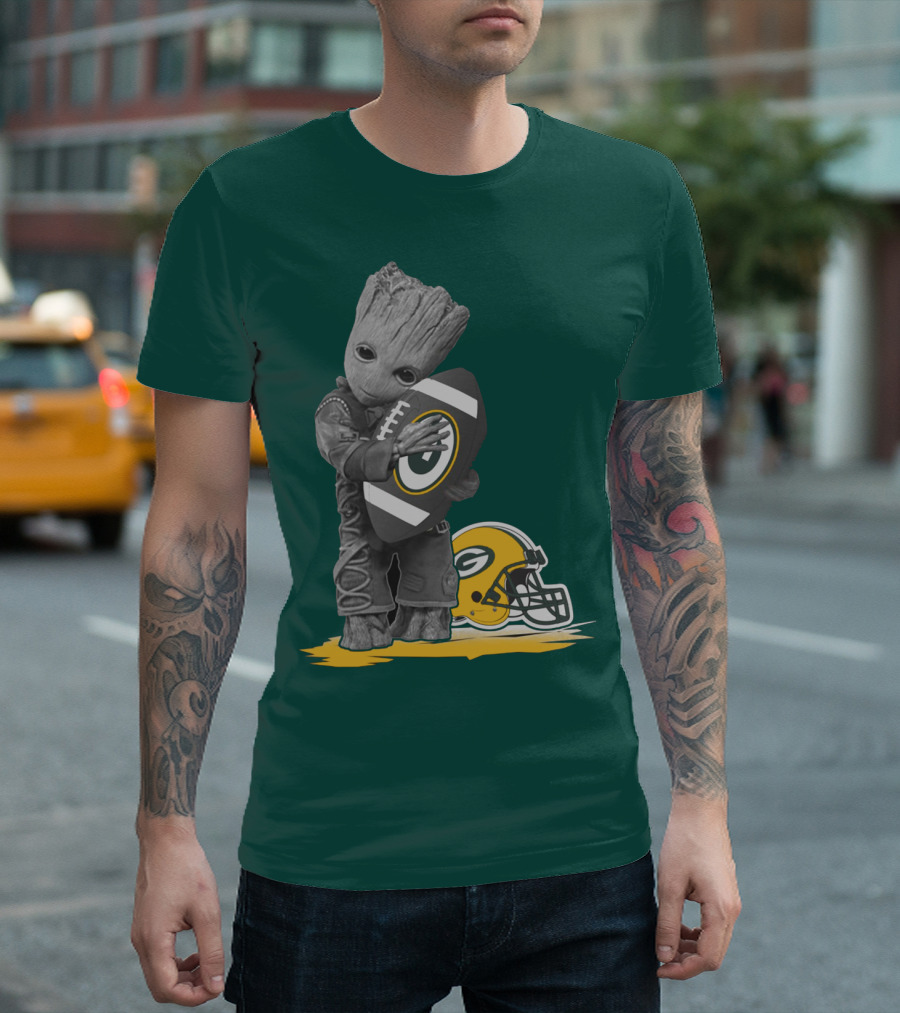 Groot Hugging Green Bay Packers Football With Helmet T-Shirt