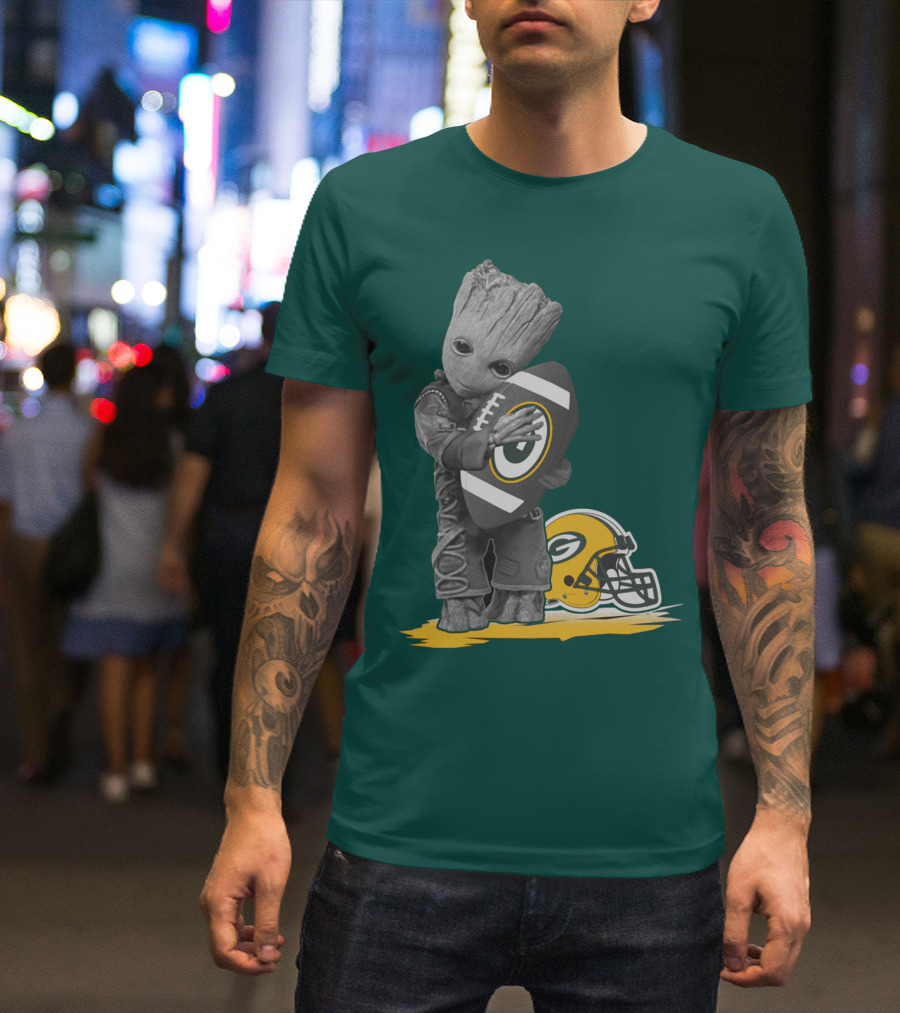 Groot Hugging Green Bay Packers Football With Helmet T-Shirt
