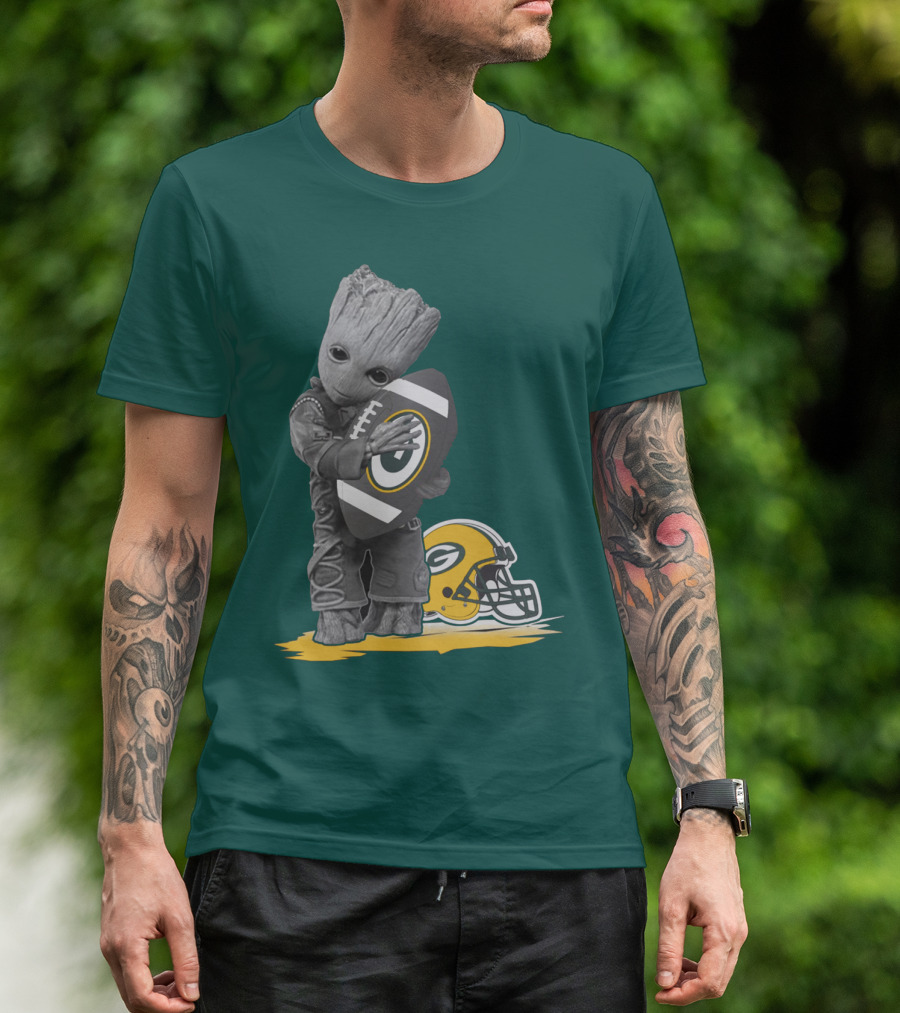Groot Hugging Green Bay Packers Football With Helmet T-Shirt