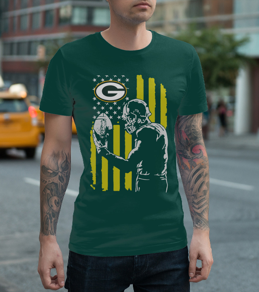 Green Bay Packers Logo And Football Player With American Flag T-Shirt