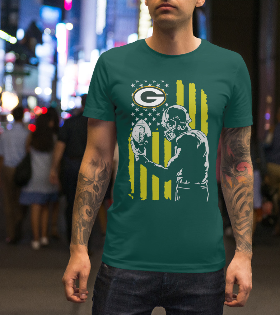 Green Bay Packers Logo And Football Player With American Flag T-Shirt