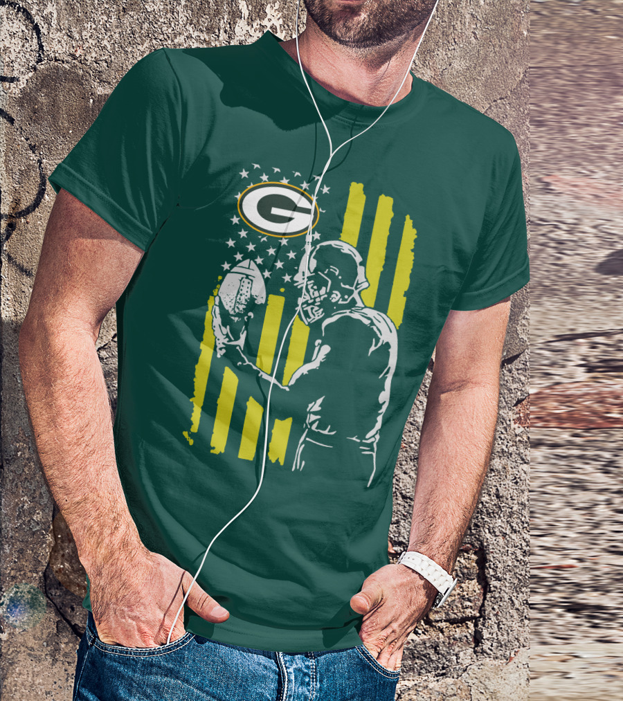 Green Bay Packers Logo And Football Player With American Flag T-Shirt