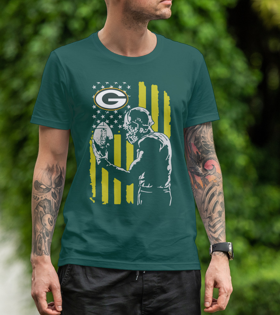 Green Bay Packers Logo And Football Player With American Flag T-Shirt