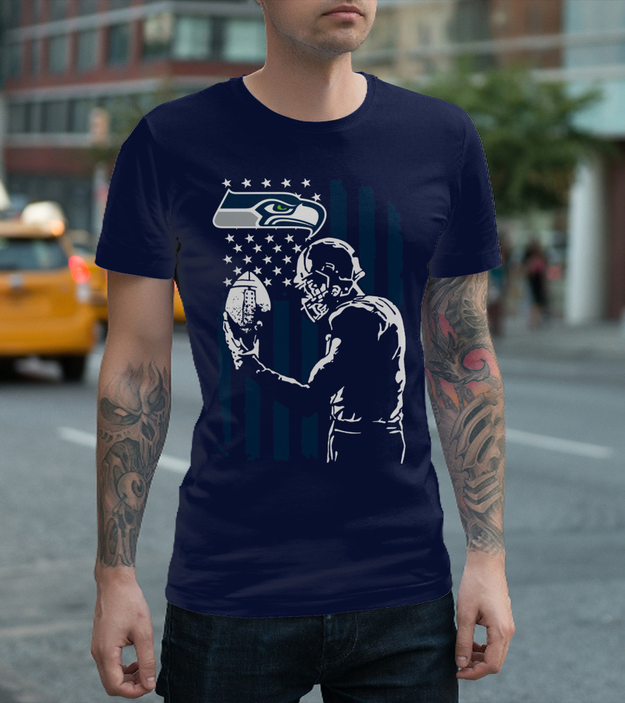 Seattle Seahawks Football Player Stars Stripes Helmet T-Shirt