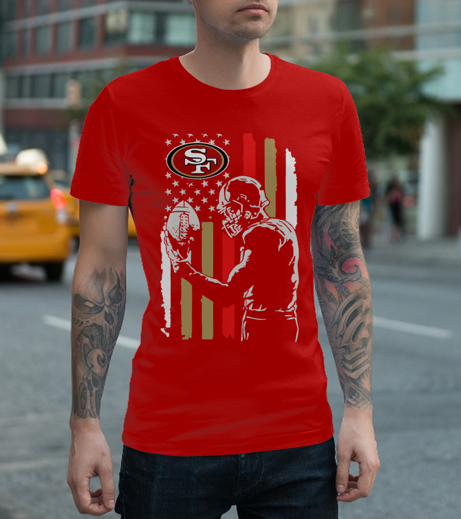 San Francisco 49ers Football Player With Logo And American Flag T-Shirt