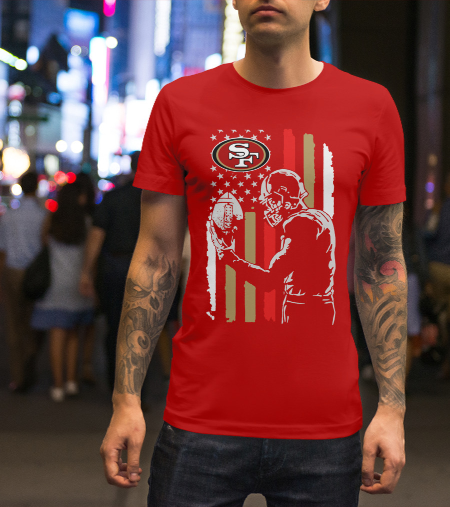 San Francisco 49ers Football Player With Logo And American Flag T-Shirt