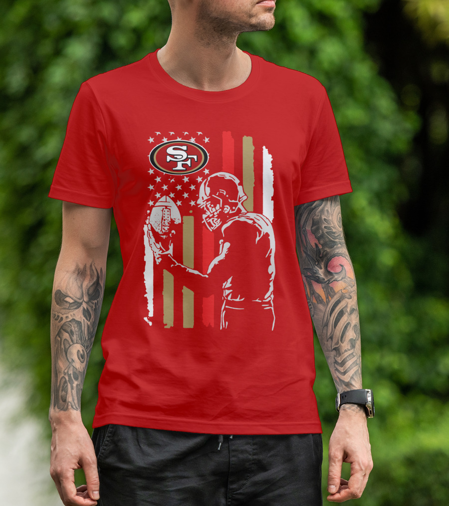 San Francisco 49ers Football Player With Logo And American Flag T-Shirt
