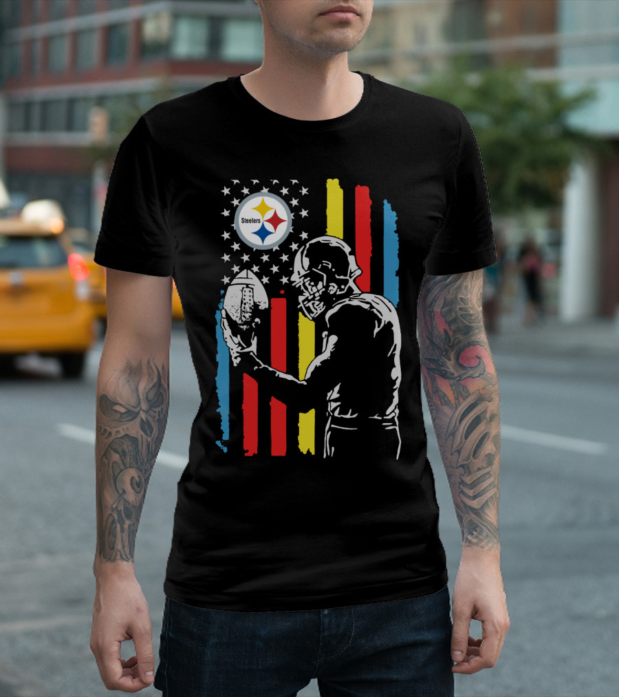 Pittsburgh Steelers American Flag Football Player Silhouette T-Shirt