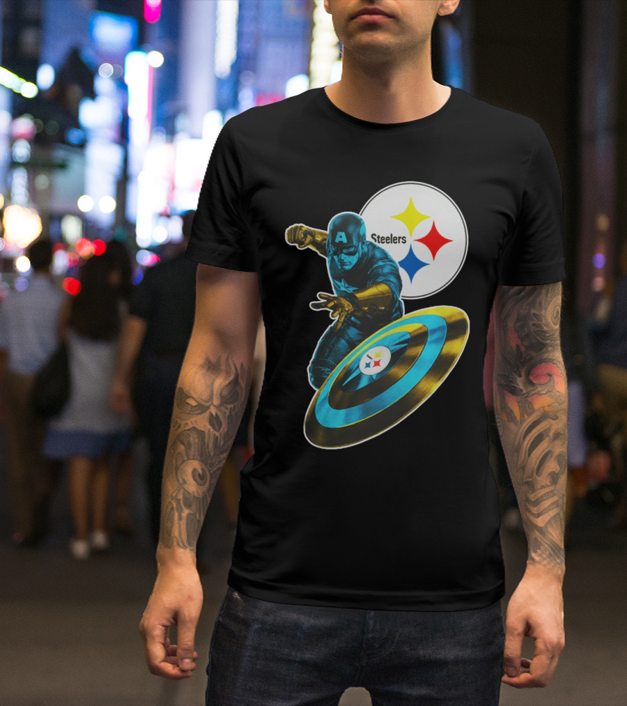 Pittsburgh Steelers Captain America Shield And Logo Crossover T-Shirt