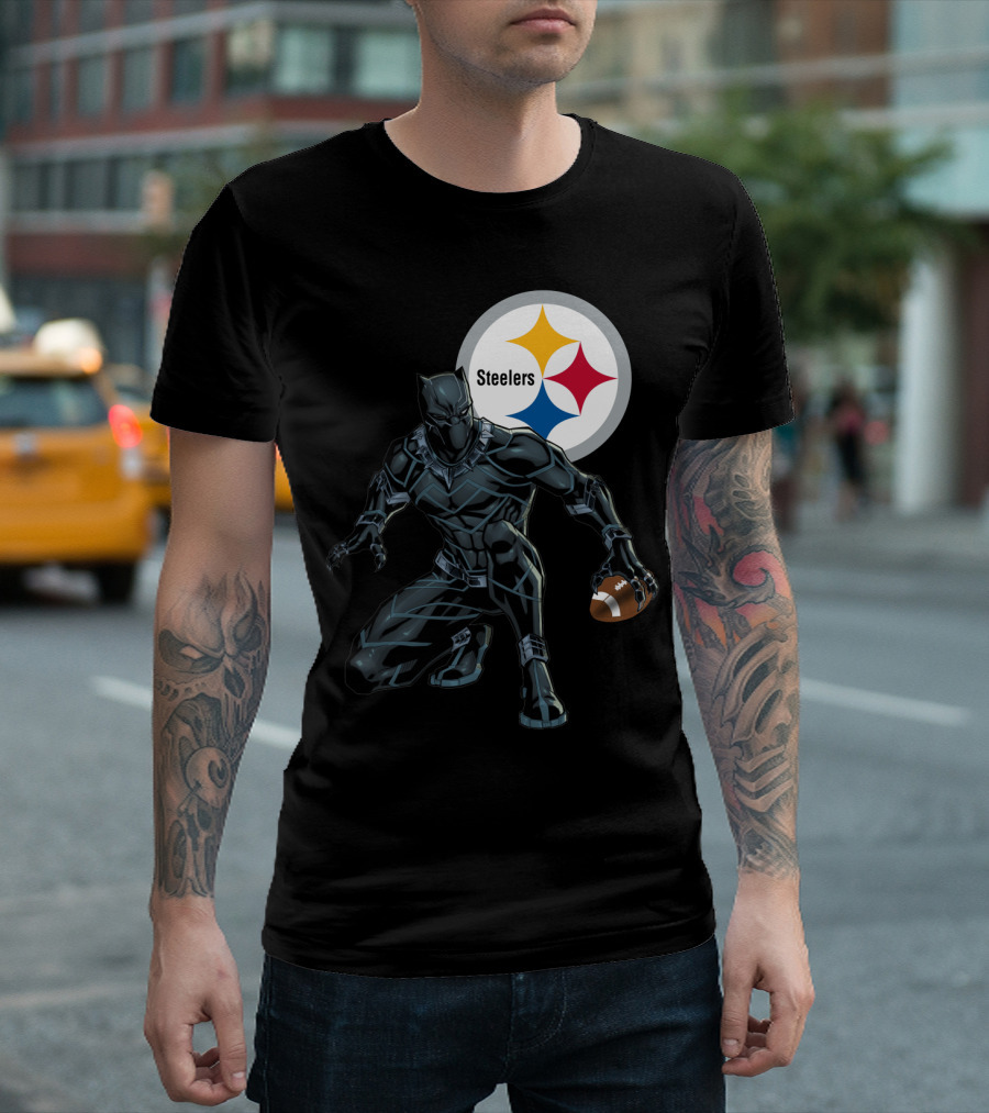 Pittsburgh Steelers Black Panther Football Crossover T-Shirt