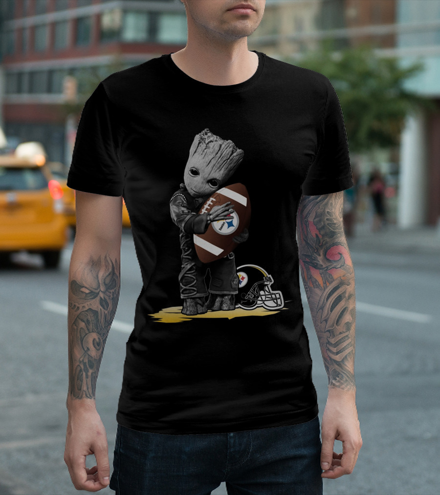 Groot Holding Football With Pittsburgh Steelers Helmet T-Shirt
