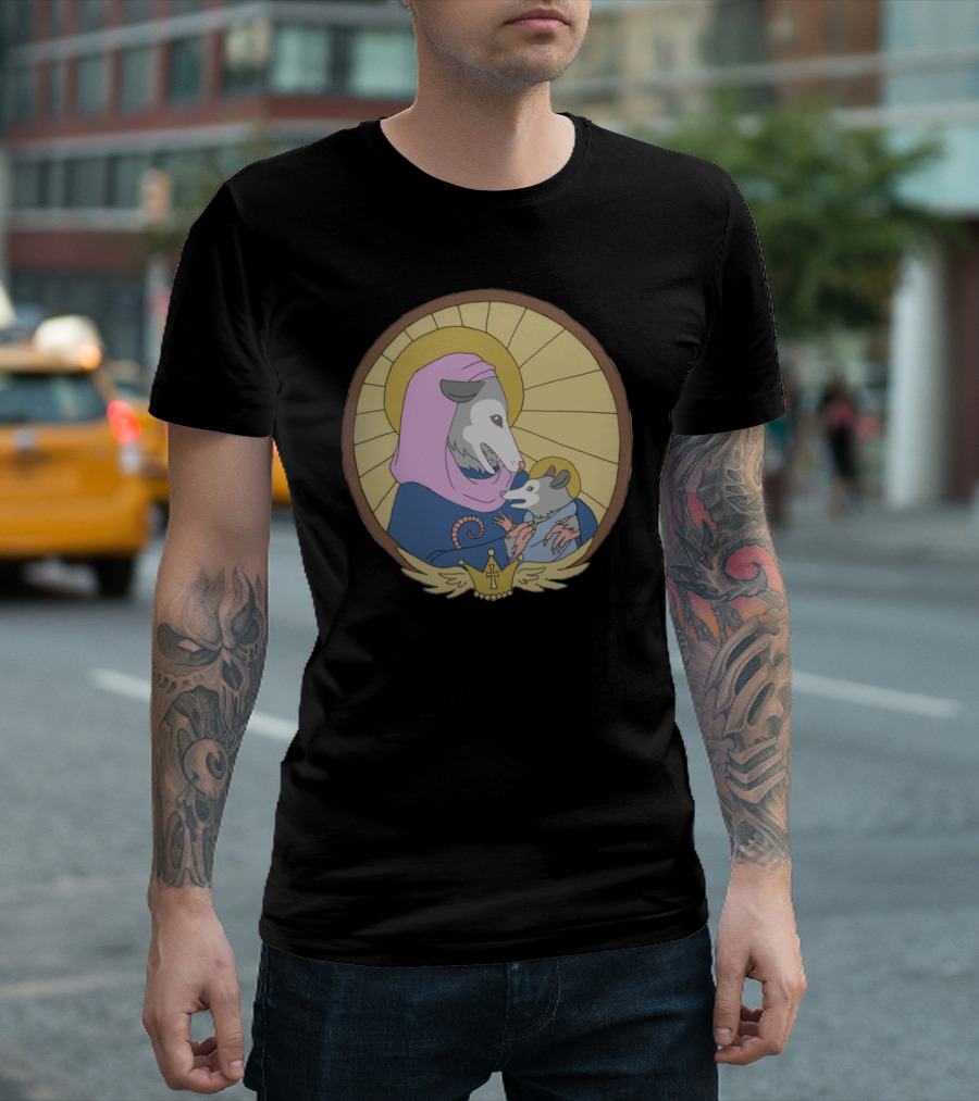 Holy Mother Possum and Child Iconic Embrace with Halo and Cross Symbolism T-Shirt