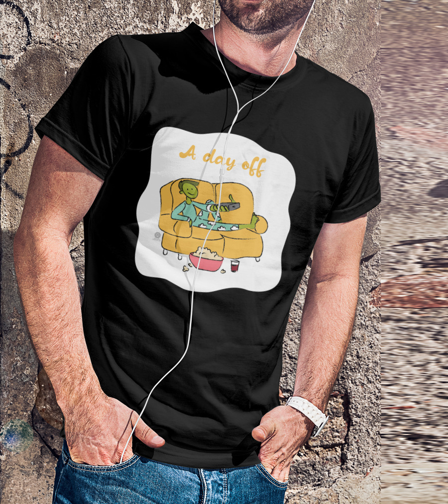 A Day Off Relaxing Cartoon Character Couch Remote Popcorn Spill T-Shirt