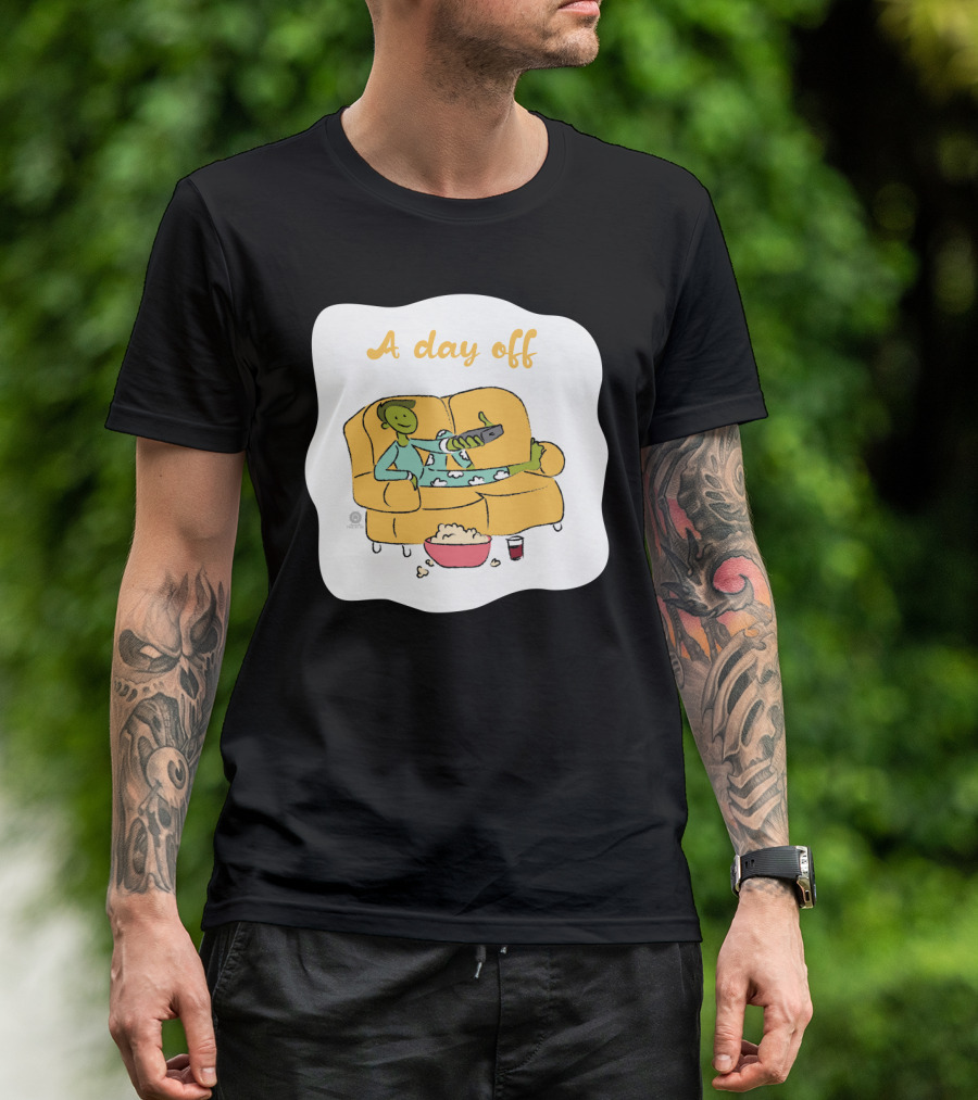 A Day Off Relaxing Cartoon Character Couch Remote Popcorn Spill T-Shirt