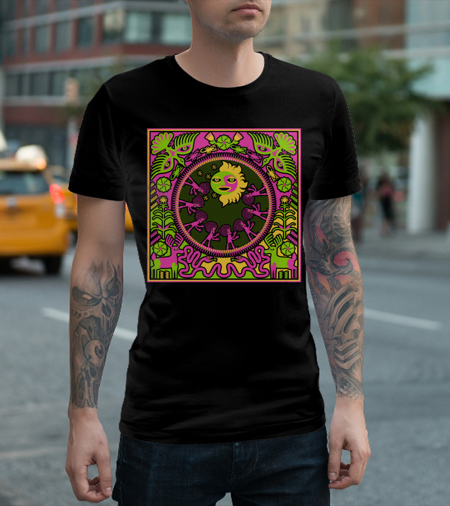 Pilgrimage to the Sun Cosmic Dance with Psychedelic Floral and Animal Motifs T-Shirt