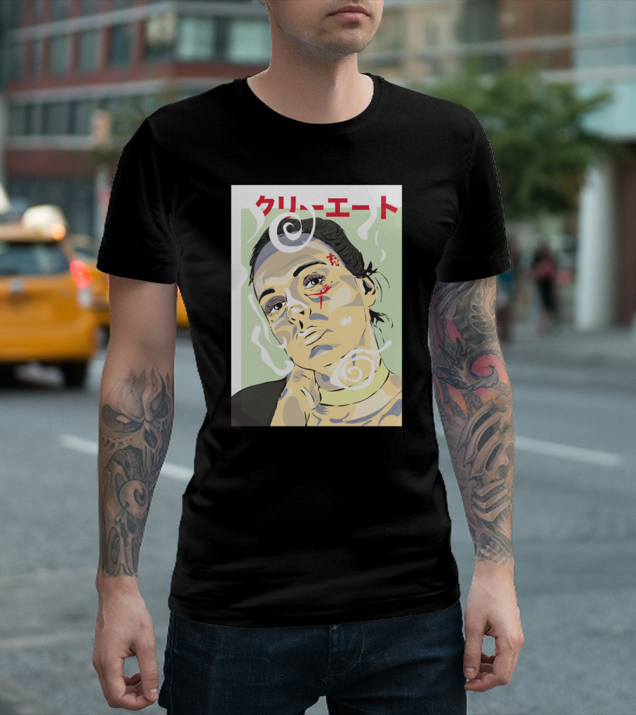 Faux Mag Japanese Text Stylized Portrait with Spiral Elements T-Shirt