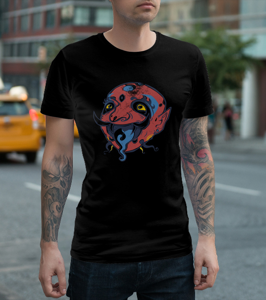 Demon Face with Mustache and Tentacles in Bold Red and Blue Color Scheme T-Shirt