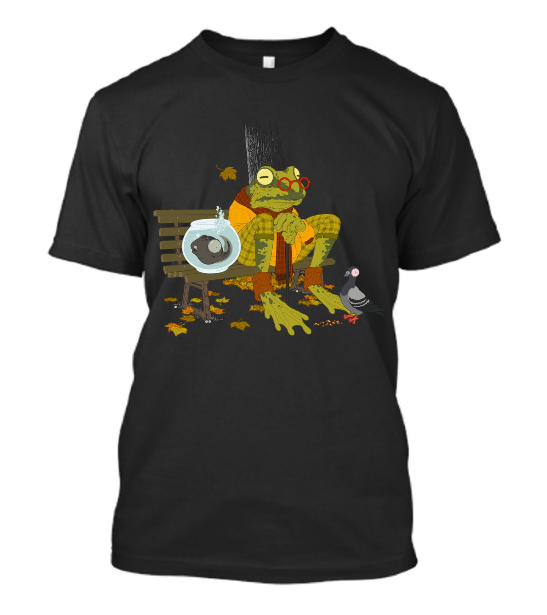 Elderly Frog In Plaid Sitting On Park Bench With Goldfish Bowl And Pigeon Surrounded By Autumn Leaves T-Shirt