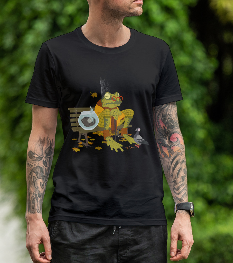 Elderly Frog In Plaid Sitting On Park Bench With Goldfish Bowl And Pigeon Surrounded By Autumn Leaves T-Shirt