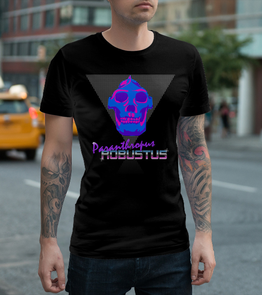 Paranthropus Robustus Neon Skull Retro Pleistocene Style with Blue and Pink Grid Background T-Shirt