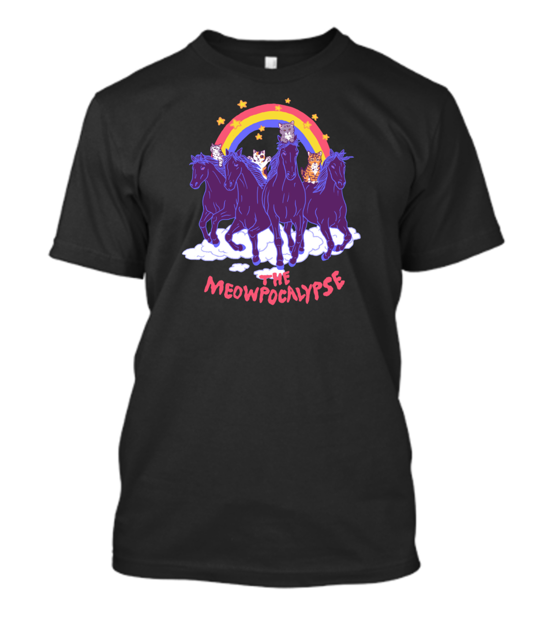 The Meowpocalypse: Four Cats On Horses Under A Rainbow And Stars T-Shirt