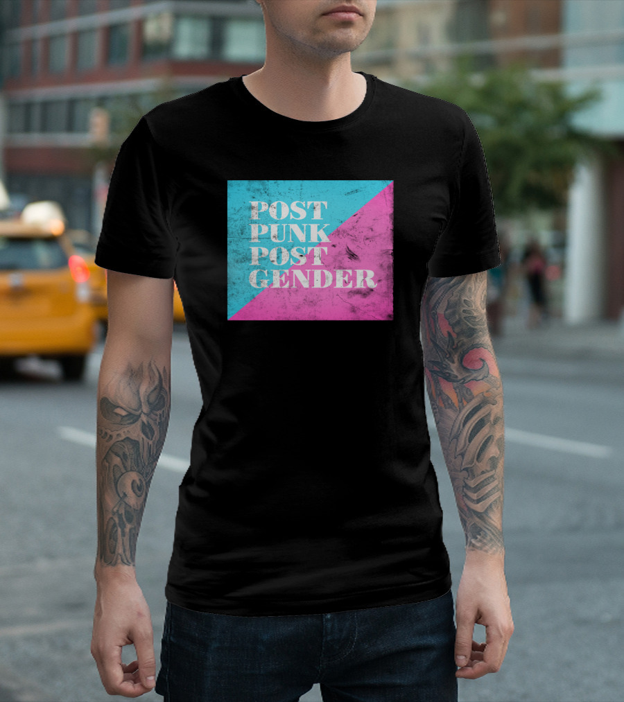 Post Punk Post Gender Distressed Blue And Pink Diagonal Block T-Shirt