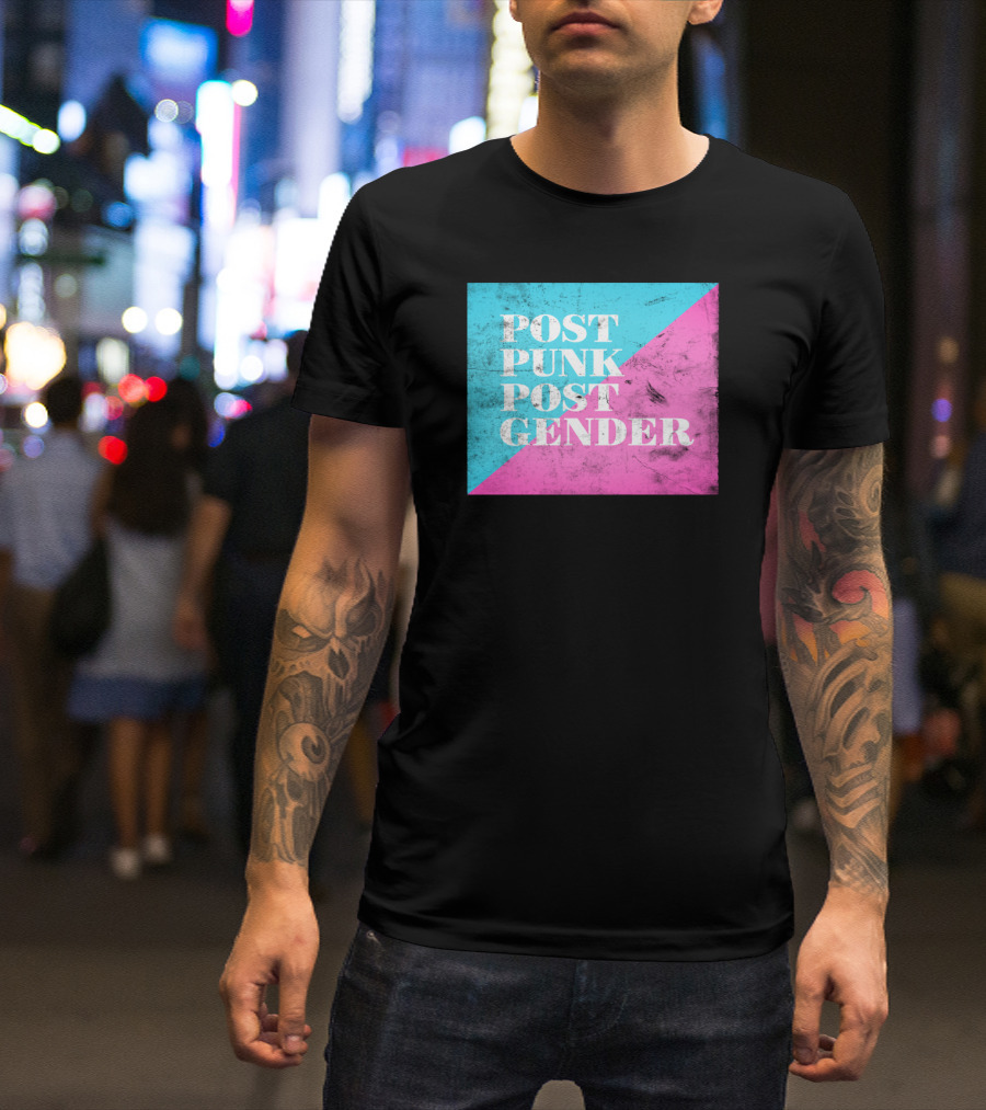 Post Punk Post Gender Distressed Blue And Pink Diagonal Block T-Shirt