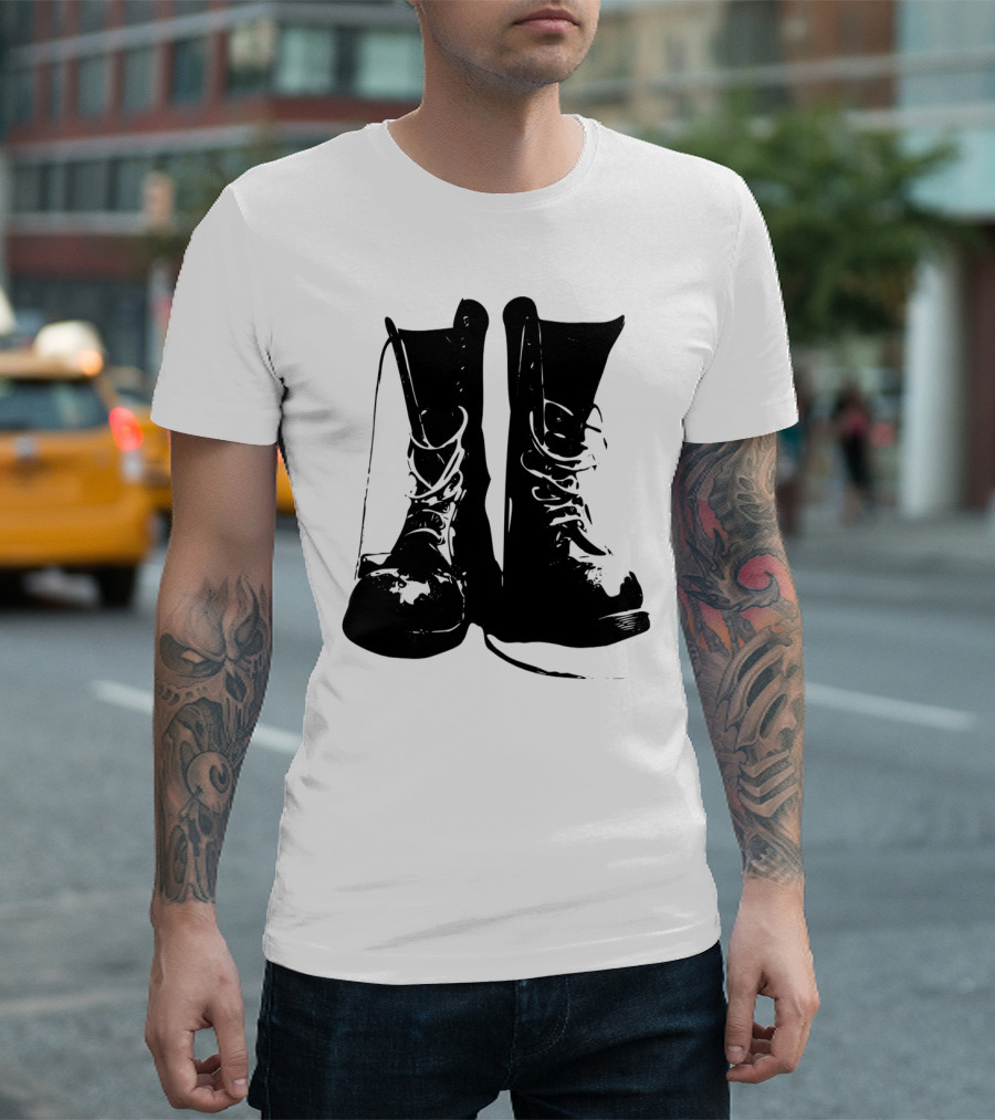 Punk Rock Combat Boots Graphic Symbolizing Bold Rebellion T-Shirt
