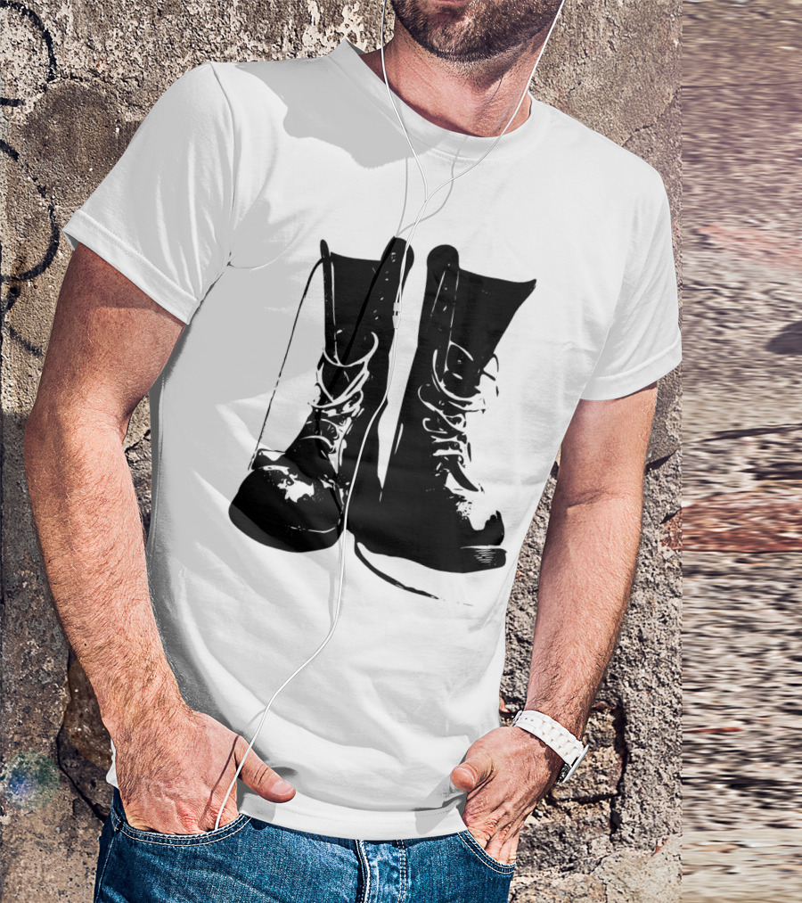 Punk Rock Combat Boots Graphic Symbolizing Bold Rebellion T-Shirt